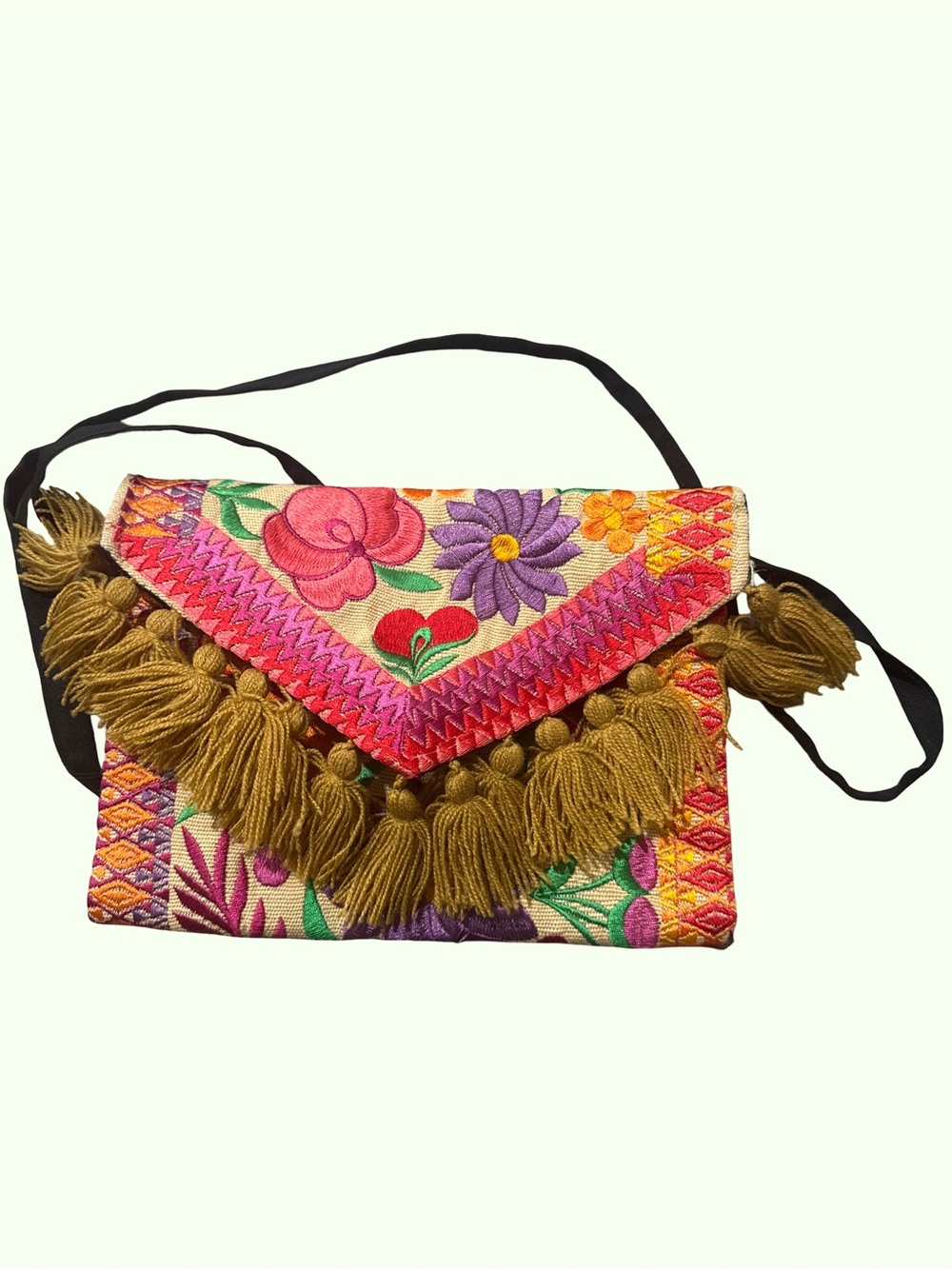 Floral Embroidered Tassel Crossbody Bag - Pink & Purple